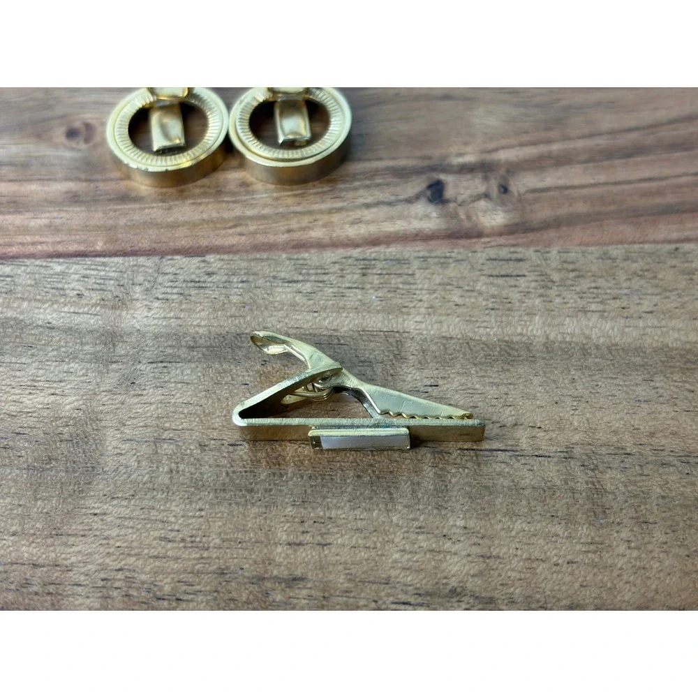 Vintage Cufflinks Tie Clip Set Gold Tone Mother of Pearl MCM Formal Ribbed Round